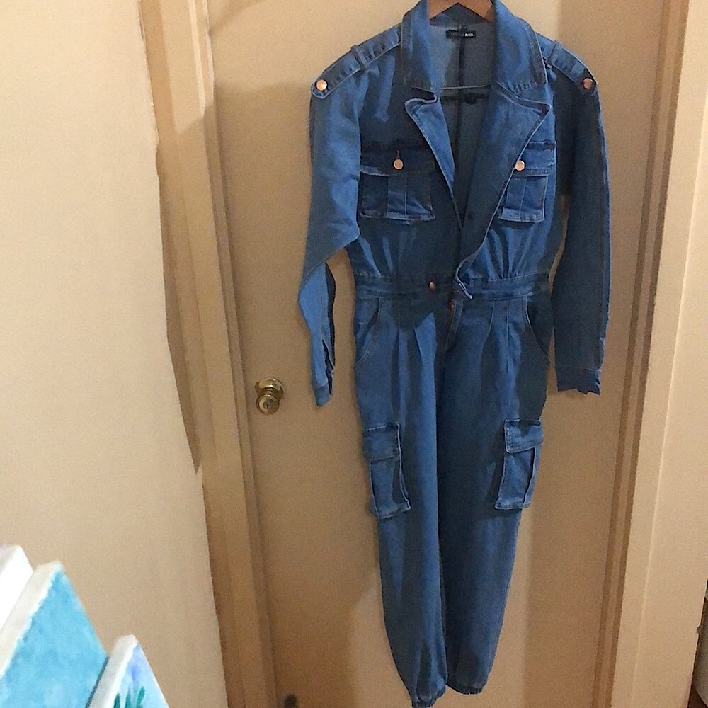 Blue Denim Jumpsuit Cargo Style
